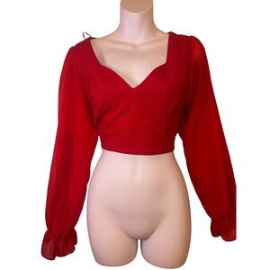 Fashion House Red Sweetheart Neckline Long Sleeve Crop Top Backless Bow Tie